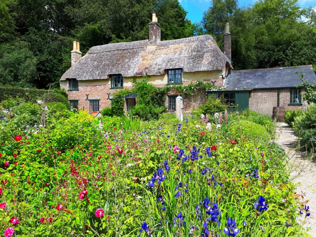 View of Thomas Hardy's thatched cottage, from across flowerbeds
